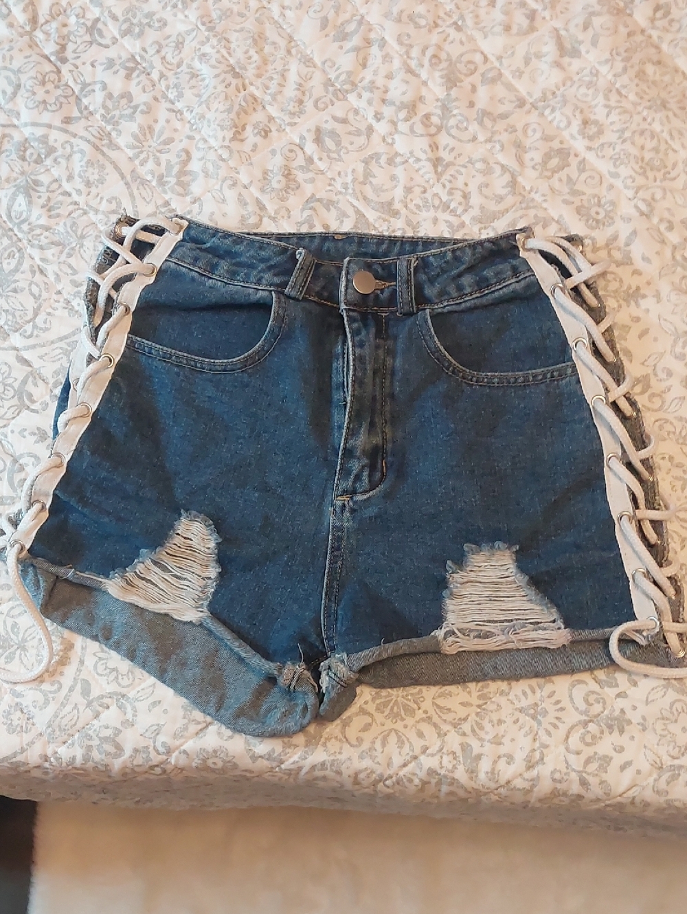 SHEIN Dark Blue Lace-Up Distressed Denim Shorts